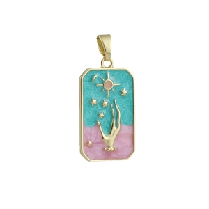 Golden tarot style sun and moon pendant with blue and pink enamel and hand motif