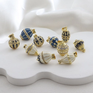 Vintage Copper Enamel Easter Egg Hot Air Balloon Pendants With Rhinestone Inlaid Fabergé Style Luxurious Jewelry Charms