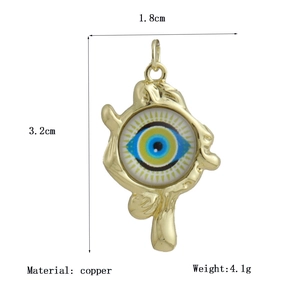 18K gold plated copper evil eye pendant with liquid metal design and dimensions