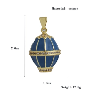 Vintage dark blue enamel easter egg copper pendant with crystals and gold ring