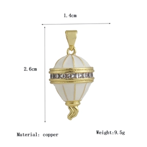 Golden copper hot air balloon pendant with white enamel and sparkling zircon accents