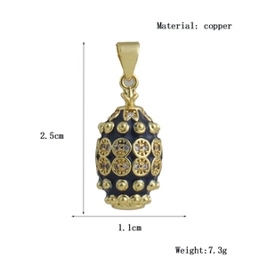 Detailed size specifications of a vintage black enamel copper egg pendant with gold dots