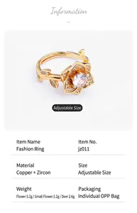 Detail view of gold-plated flower ring with white zircon stones and adjustable opening