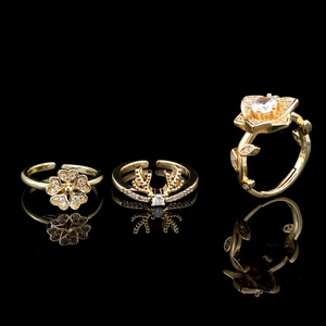 Fashion Adjustable Copper Zirconia Ring For Women Gold Plated Flower Clover Antler Design Jewelry Gift For Birthday Party