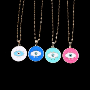 Gold Plated Copper Evil Eye Pendant Necklace Enamel Nazar Amulet Round Geometric Fashion Unisex Trendy Jewelry Accessory