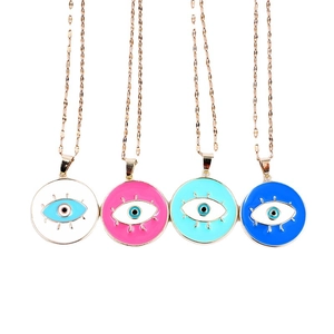 Golden chain necklaces with colorful evil eye enamel pendants in four vibrant colors