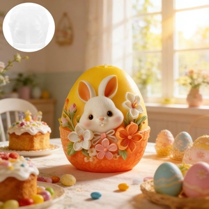 Detail of Easter egg silicone mold and 3D floral bunny candle with textured relief