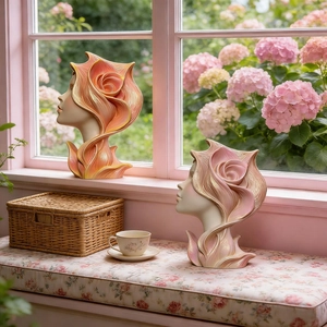 Artistic woman face and rose sculpture in gradient orange and pink pearlescent finish