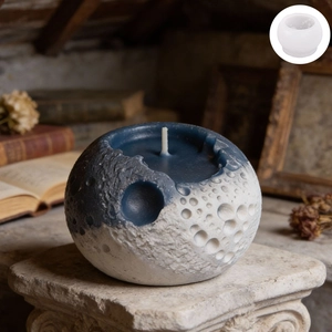 Blue moon sphere candle with crater texture on vintage stand and round silicone mold