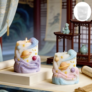 Detail of planet relief scented candle with matching white silicone mold for DIY crafts