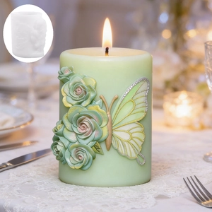 Stampo per candele cilindriche 3D con rilievi di rose e farfalle e glitter argentati