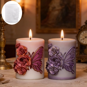 Stampo in silicone per candele cilindriche con motivi floreali e farfalle in rilievo 3D