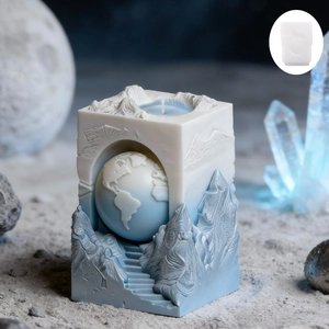 Detailed relief candle with 3D earth and mountain landscape in blue gradient wax