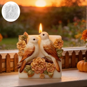 Square silicone mold for candles with embossed dual birds and floral relief design