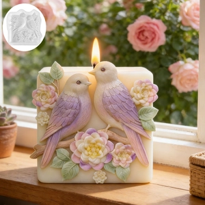 Relief flower and bird silicone candle mold with finished floral wax sculpture