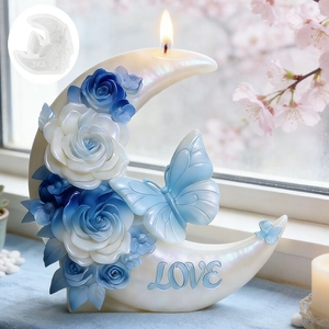Moon shaped scented candle mold set with blue rose decor and butterfly floral accents
