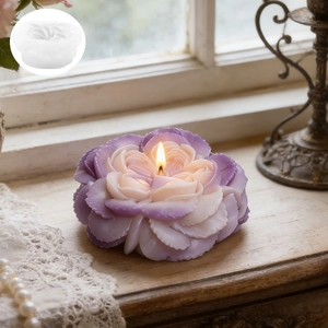 Macro detail of 3D peony silicone mold and finished gradient flower scented candle