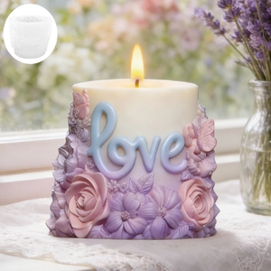 DIY cylindrical silicone mold for floral relief candles with love script for Valentines