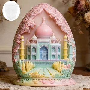 3D egg-shaped silicone mold and finished architectural candle with Taj Mahal style relief
