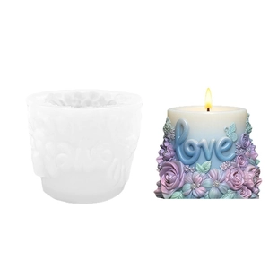 Cylindrical silicone mold for candles with Love lettering and floral rose relief designs