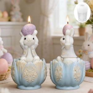 Easter bunny sitting on flower base holding egg silicone mold for DIY candle making