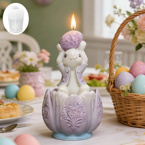 Easter bunny candle silicone mold featuring a rabbit holding an egg on flower base