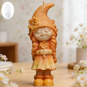 DIY silicone mold and finished orange cartoon girl candle with braided hair and hat