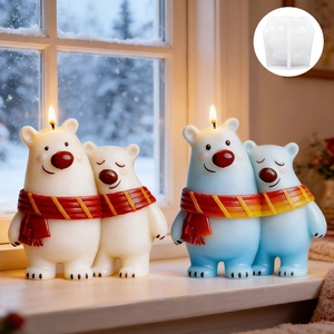 Polar bear silicone mold for DIY candles with two cute hugging bears wearing scarves