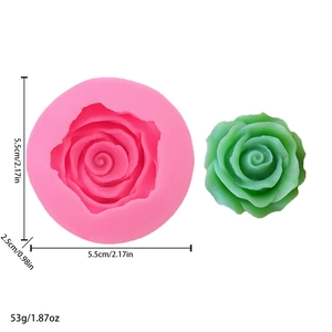Macro detail of pink silicone rose mold with dimensions and finished 3D flower craft