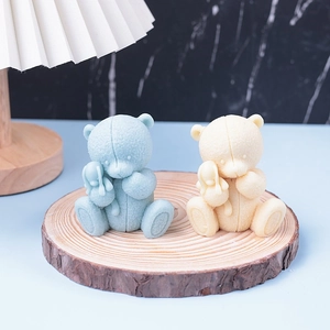 3D handmade teddy bear candle mold featuring cute bears hugging rabbits on wood base