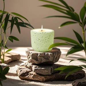 Minimalist green textured cement candle cup on natural stones with zen atmosphere