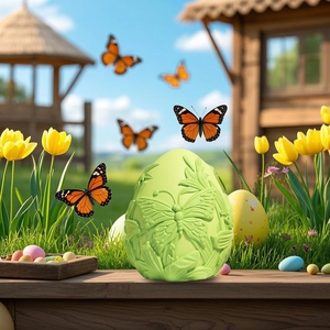 Easter egg decoration in light green with embossed butterfly and flower patterns