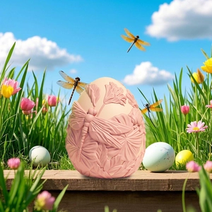 Pink Easter egg decoration with embossed dragonfly and flower patterns in a garden