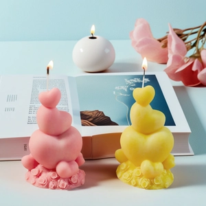 3D stacked heart scented candles with rose base in pink and yellow for home decor
