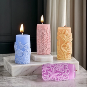 Relief cylinder candle set featuring leaf and floral patterns for home decor gifts