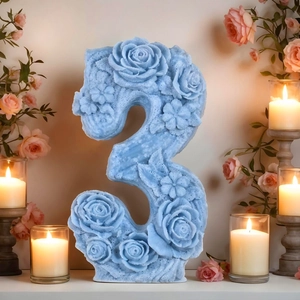 Blue number 3 candle mold with rose floral relief for birthday cake decoration