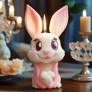 Close-up of a lit bunny candle featuring cute pink details and a warm flickering flame