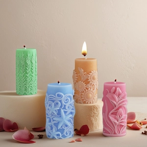 Cylindrical silicone molds for DIY leaf-patterned scented candles with floral relief details