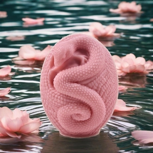 Detail of pink snake silicone mold with fine textures on a zen water background