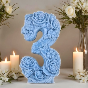 Blue number 3 silicone mold for DIY candles with intricate rose flower embossment