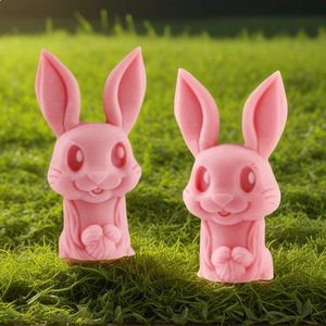 Detailed view of pink bunny shaped handmade aroma candles on a green grass background