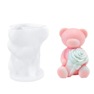 DIY Silikonform und fertige rosa Bärenstatue mit Rose für Valentinstag Dekoration