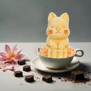 Cute kitten shaped silicone night light in a tea cup with warm yellow glow and cozy vibes