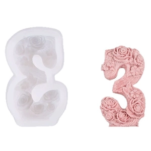 3D number 3 silicone mold with embossed rose pattern for DIY scented candles and plaster