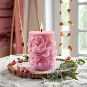 Cylindrical pink lily embossed floral silicone mold for DIY aromatherapy candle making