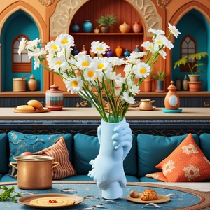 Artistic light blue hand-shaped vase with fresh daisies in a modern indoor setting
