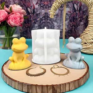 Cute frog silicone mold for DIY aroma candles and plaster ornaments with finished crafts