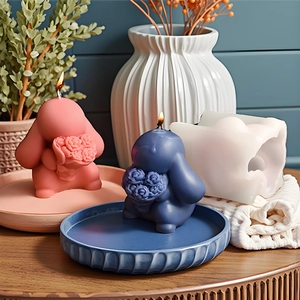 DIY rabbit shape silicone mold for rose candle making with pink and blue finished results