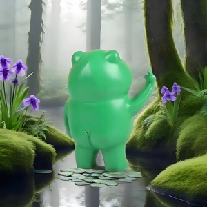 Creative green frog resin statue with middle finger gesture in a misty moss garden setting