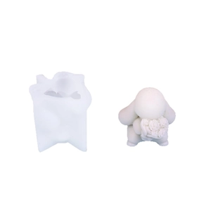 DIY silicone mold for rabbit candle with detailed flower bouquet and finished product